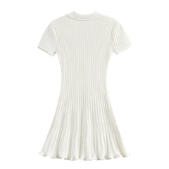 Polo Knitted Short Sleeve Single Breasted Flower Button Mini Dress