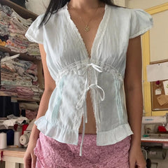Ruffles Hem Short Sleeve Bow Tie Crop Top