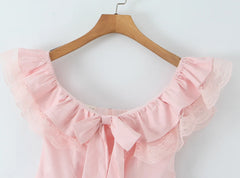 Pink Lace Ruffle Bow Off-shoulder Mini Dress