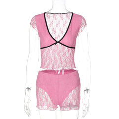 Pink Lace Crop Top And Shorts Set