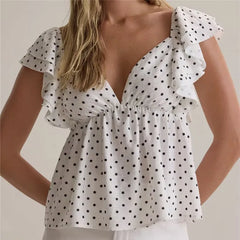White Polka Dot Ruffle Sleeve Peplum Top