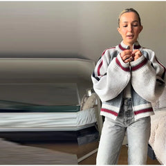 Striped Stand Collar Zip Sweater Jacket