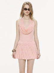 Halter Neck Folds Draped Pleated Hem Mini Dress