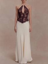 White Lace Black Patchwork Halter Maxi Dress