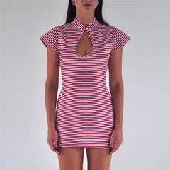 Stripe Print Keyhole Neckline Cap Sleeve Mini Dress