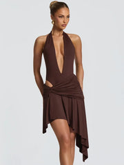 Deep V-Neck Halter Twisted Pleated Waist Irregular Hem Mini Dress