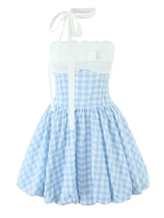 Blue Bow Plaid Short Dress