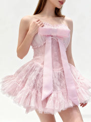 Bowknot Strapless Lace Tulle Mini Dress