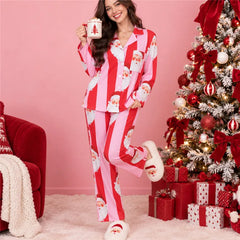 Santa Claus Print Striped Long Sleeve Button Down Shirt And Wide Leg Pants Sleepwear Set