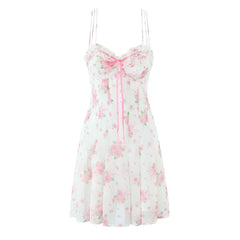 Pink Floral Bow Mesh Cami Mini Dress