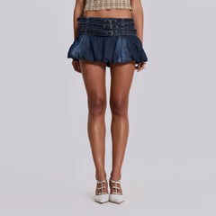 Ruffle Jean Bubble Buckled Belted Micro Mini Skirt