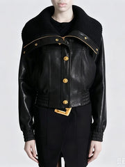Black Pu Leather Gold Button Zip Collar Jacket