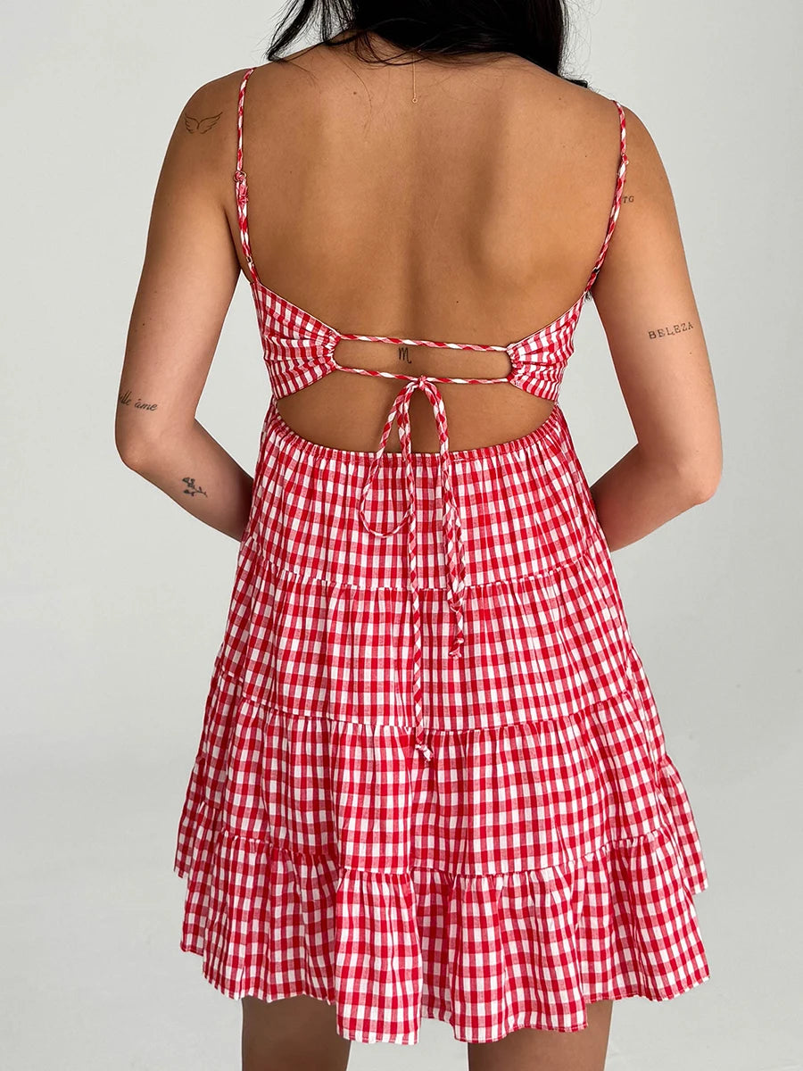 Red and white checkered dress with cut-out back
