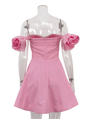 Pink Off-shoulder Frill Strap Mini Dress