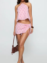 Pink Printed Tie-Up Top And Mini Skirt Set