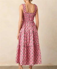 Pink Ruched Printed Maxi Dress