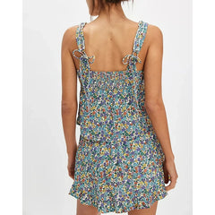 Floral Print Frill Trim Square Neck Tank Top And Ruffle Skirt Set