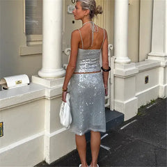 Silver Sequin Cami Top And Midi Skirt Set