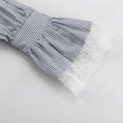 Lace Stripes Lapel Bell Sleeves Shirt And Shorts Set