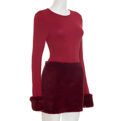 Long Sleeve Faux Fur Patchwork Mini Dress