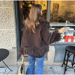 Faux Fur Plush Lapel Brown Jacket