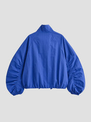 Blue High Neck Ruched Sleeve Adjustable Hem Jacket