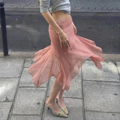 Pink Lace Trim Mesh Hem Midi Skirt