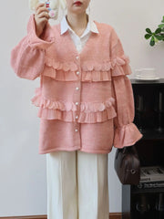 Pearl Button Ruffle Trim Cardigan