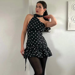 Black Polka Dot Wrap Around Puff Hem Mini Dress