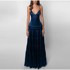Blue Velvet Ruffles Backless Long Dress