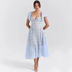 Blue Lace Flare Sleeve Midi Dress