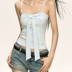Blue Bow Ribbon Beaded Camisole Top