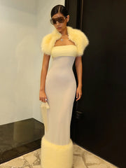 Yellow Fur Patchwork Short Jacket And Strapless Maxi Dress Set