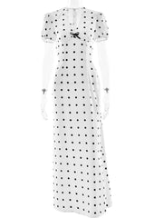 White Satin V-neck Polka Dot Maxi Dress
