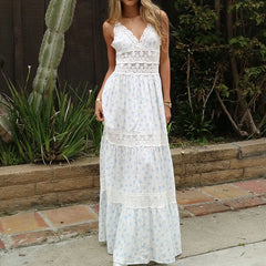 White Printed Lace Patchwork Maxi Dress