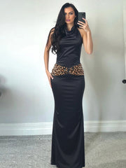 Black Satin Open Back Halter Leopard Sequins Patchwork Maxi Dress