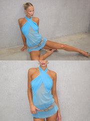 Blue Mesh Halter Bandage Mini Dress