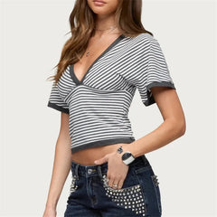 V-Neck Striped Crop T-Shirt