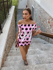 Pink Polka Dot Short Sleeve Tassel Mini Dress