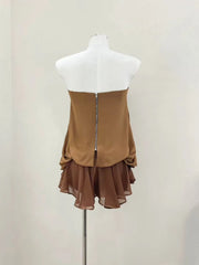 Brown Butterfly Cowl Mesh Ruffle Mini Dress