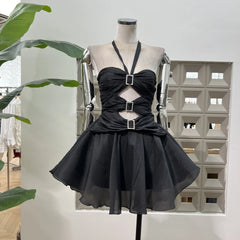 Halter Cut Out Metal Buckle Flare Mini Dress