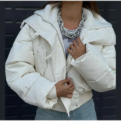 Solid Cropped Collar Button Puff Jacket