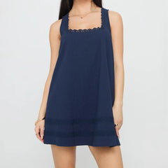 Lace Trim Square Neck Babydoll Mini Dress