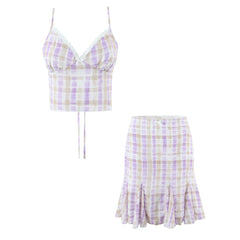 Plaid Print Bow Crop Top And Ruffles Hem Midi Skirt Set