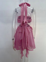 Pink Ruffles Cut Out Halter Rose Mini Dress