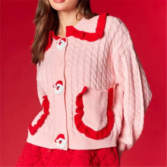 Pink Satin Button Ruffle Pocket Cardigan