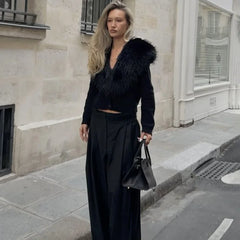 Black Cropped Faux Fur Removable Collar Cardigan