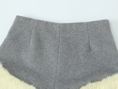Grey Button Up Fur Trim Collar Crop Jacket And Shorts Set