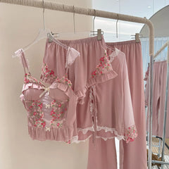 Pink Lace Embroidery 4 Piece Pajama Set