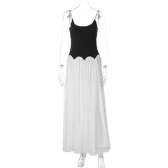 Black n White Splice Spaghetti Strap Long Dress